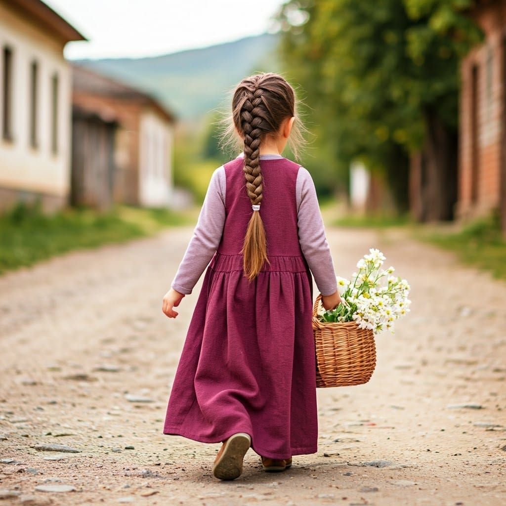 Girl in Traditional Clothing Walks Village Path