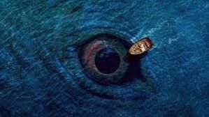 Extremely Terrifying gargantuan prehistoric sea monster dinosaur eye underneath the surface of water is looking at you the viewer underneath...