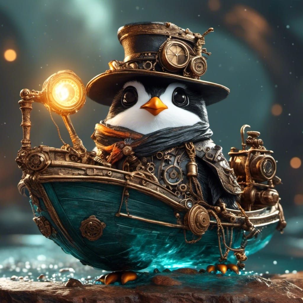 <lora:eye:1.0> Pirate penguin in boat