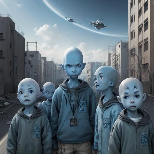 A group of bald sky blue alien children, living on the edges...