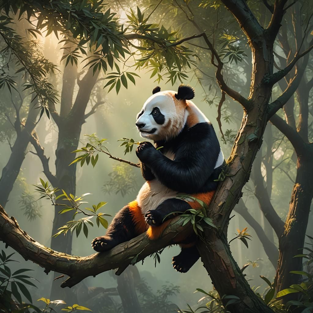 Panda Eating Leaves in Misty Forest: Photorealistic Art