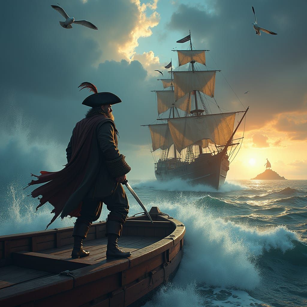An adventurous pirate scene on the high seas, featuring a fi...