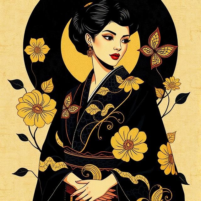 WONDER WOMAN  IN A BLACK AND GOLD  FLORAL DESIGN KIMONO.