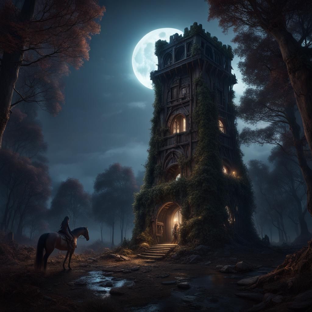 Abandon tower in a dark forrest, moonlight,  horses stable, ...