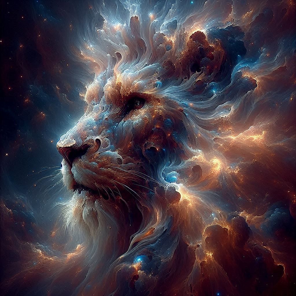 elemental lion face made of electric stars