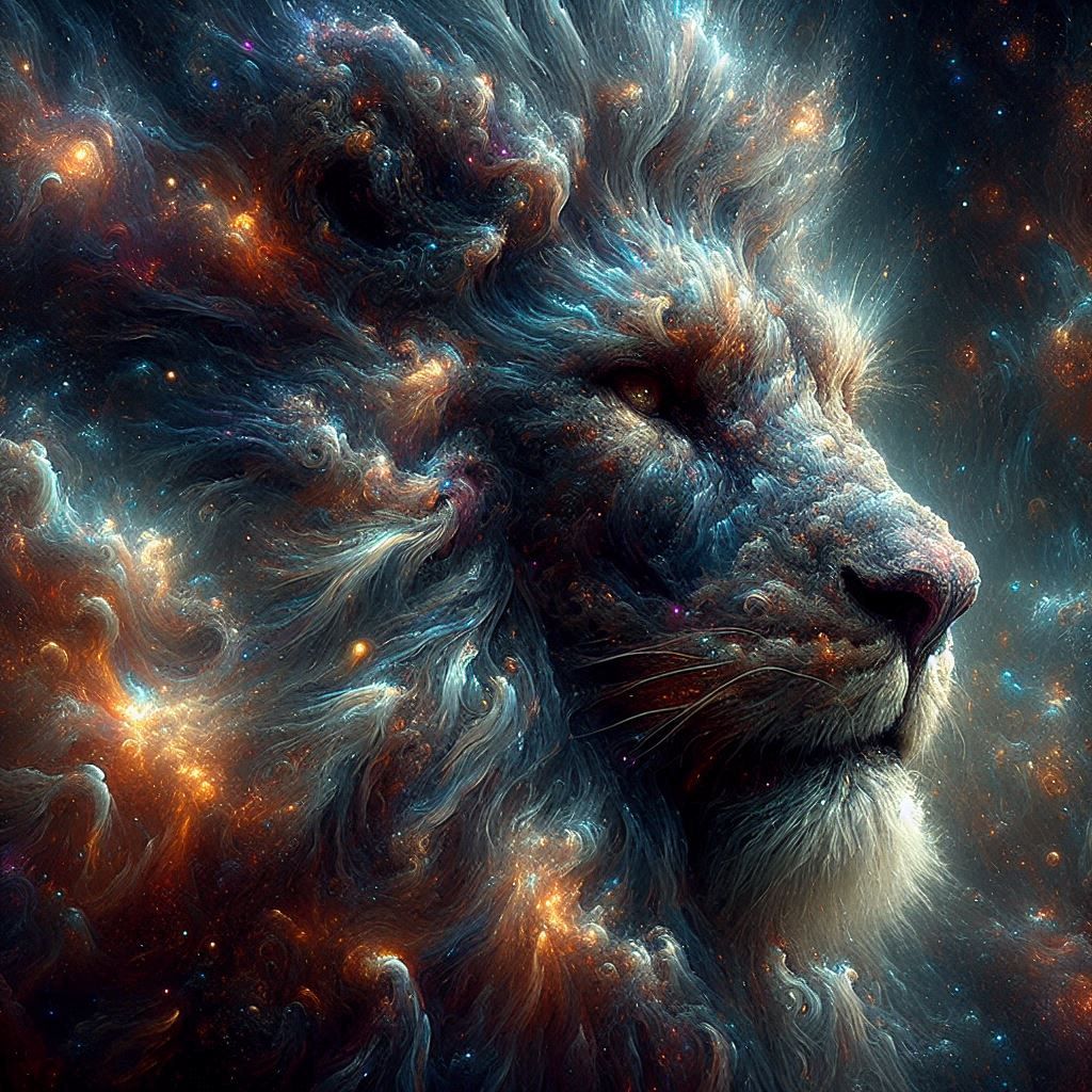 elemental lion face made of electric stars