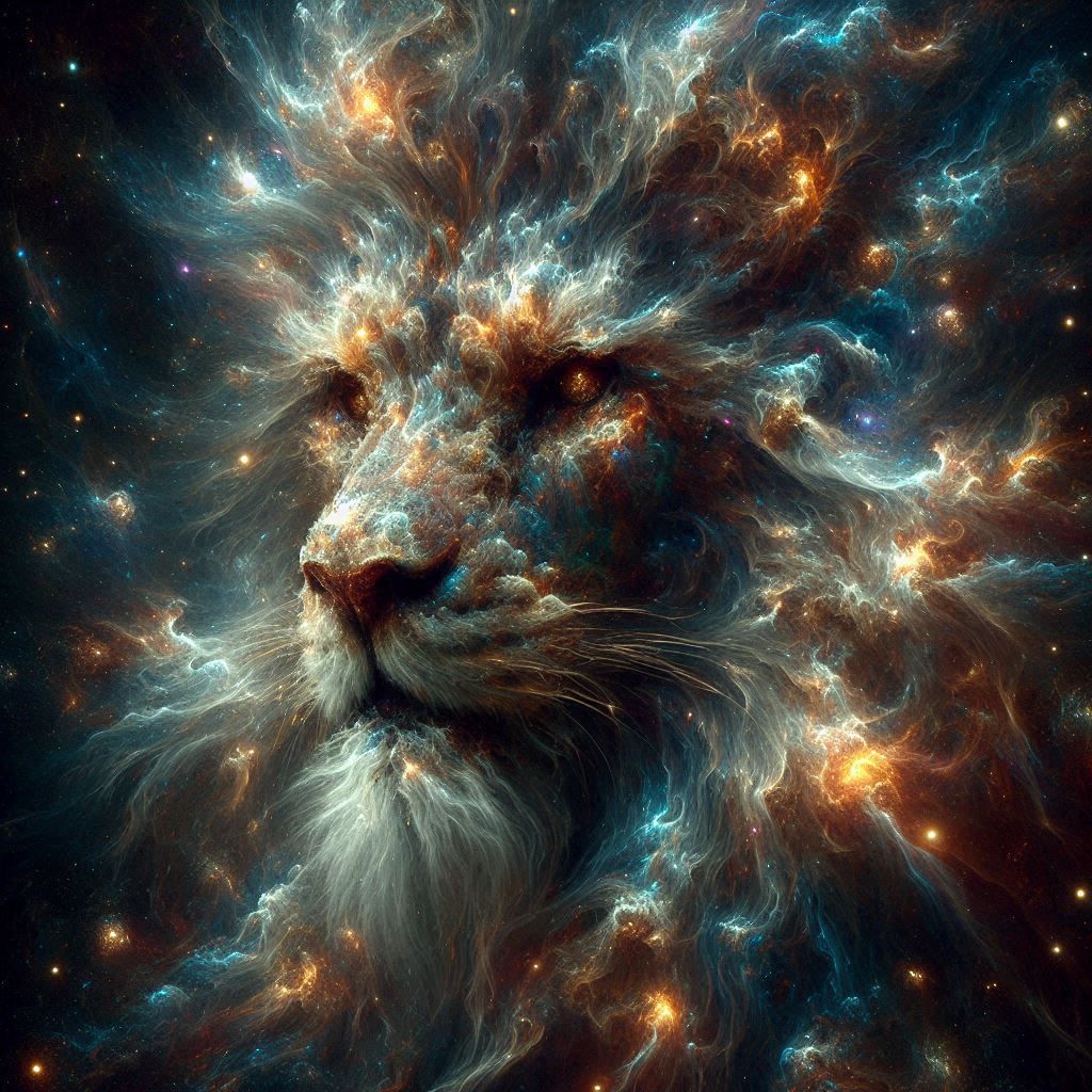 elemental lion face made of electric stars