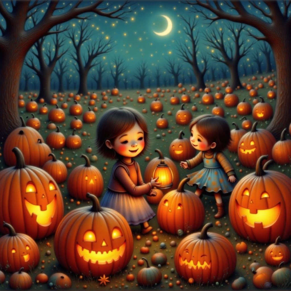 <lora:Storybook Halloween:1.0> Cozy pumpkin patch lit with lanterns, children picking pumpkins joyfully