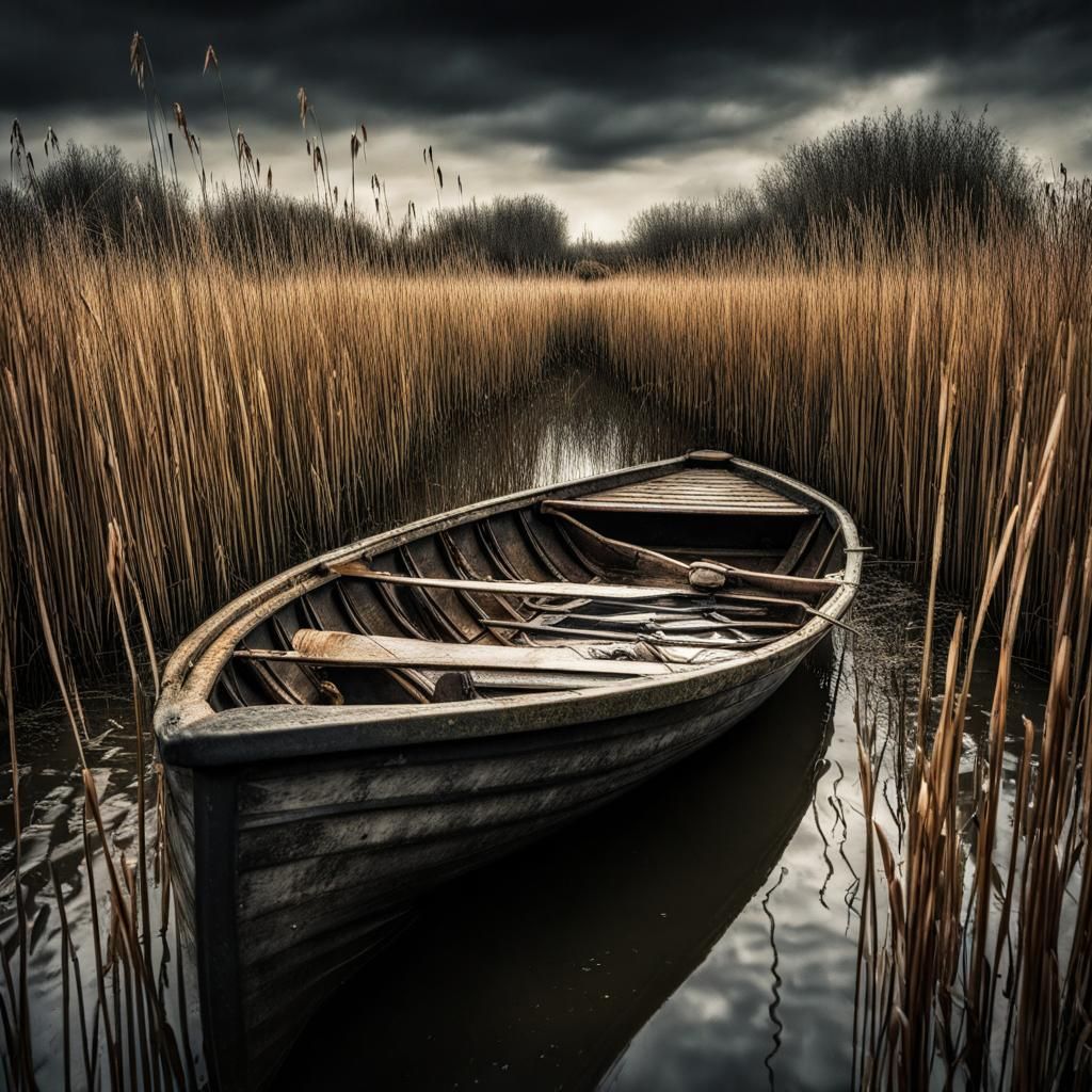 a leaky rowing boat lies in the reeds