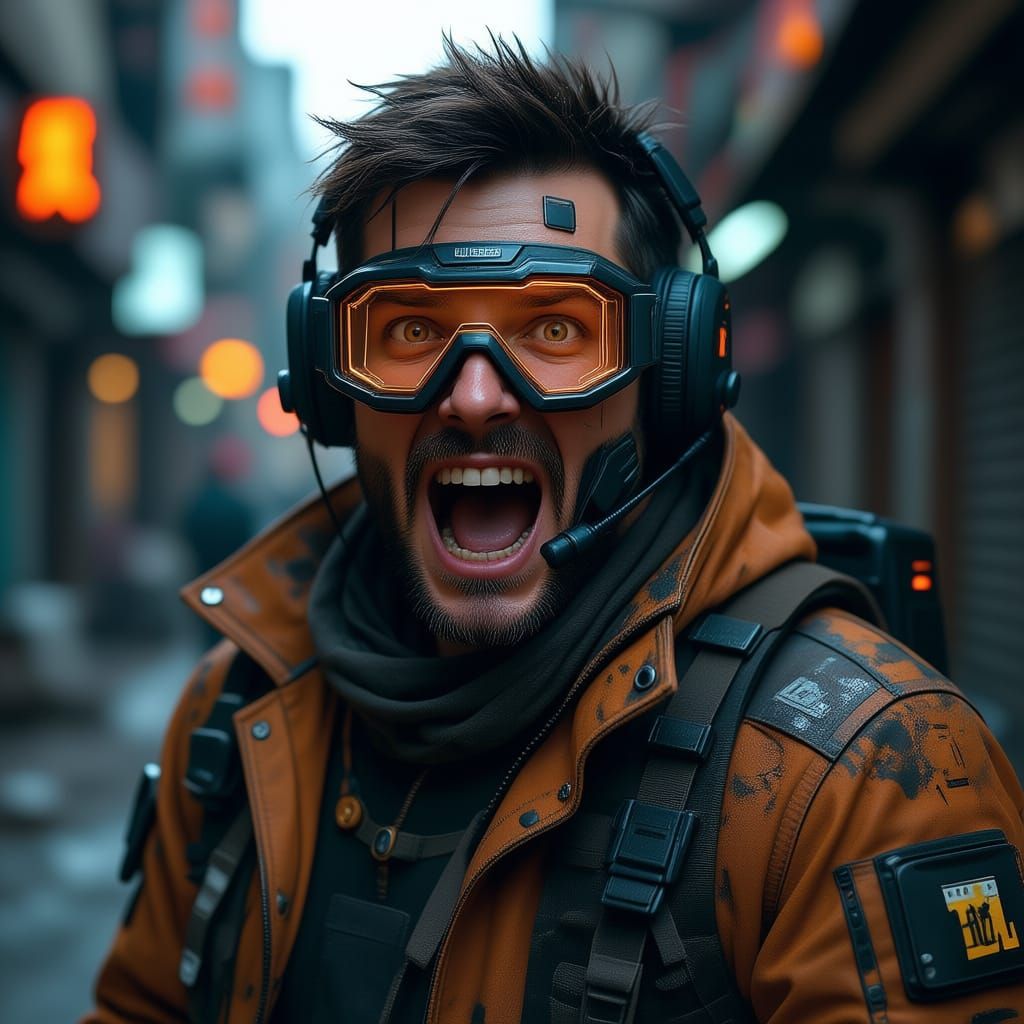 Ultra-realistic cyberpunk portrait, tech scavenger with salvage detection goggles, component analysis interface visor, patched jacket with s...