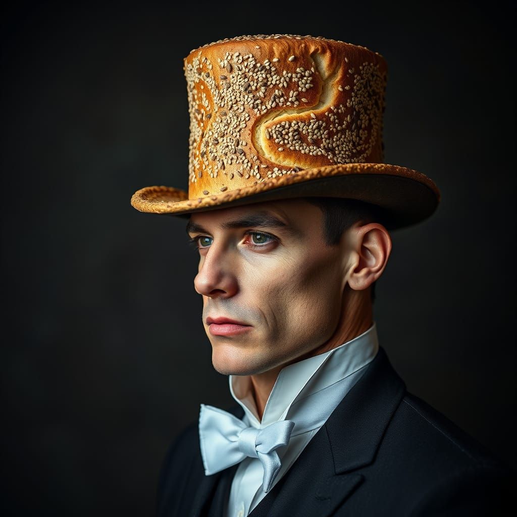Uomo elegante con un cappello Tuba fatto di Pane con sesamo   by @MELESARCO