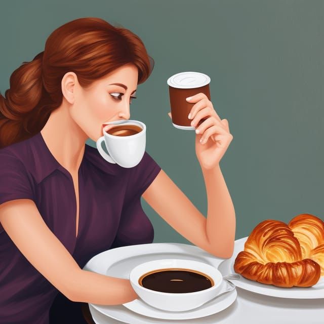 "Woman enjoying her breakfast." broken edition