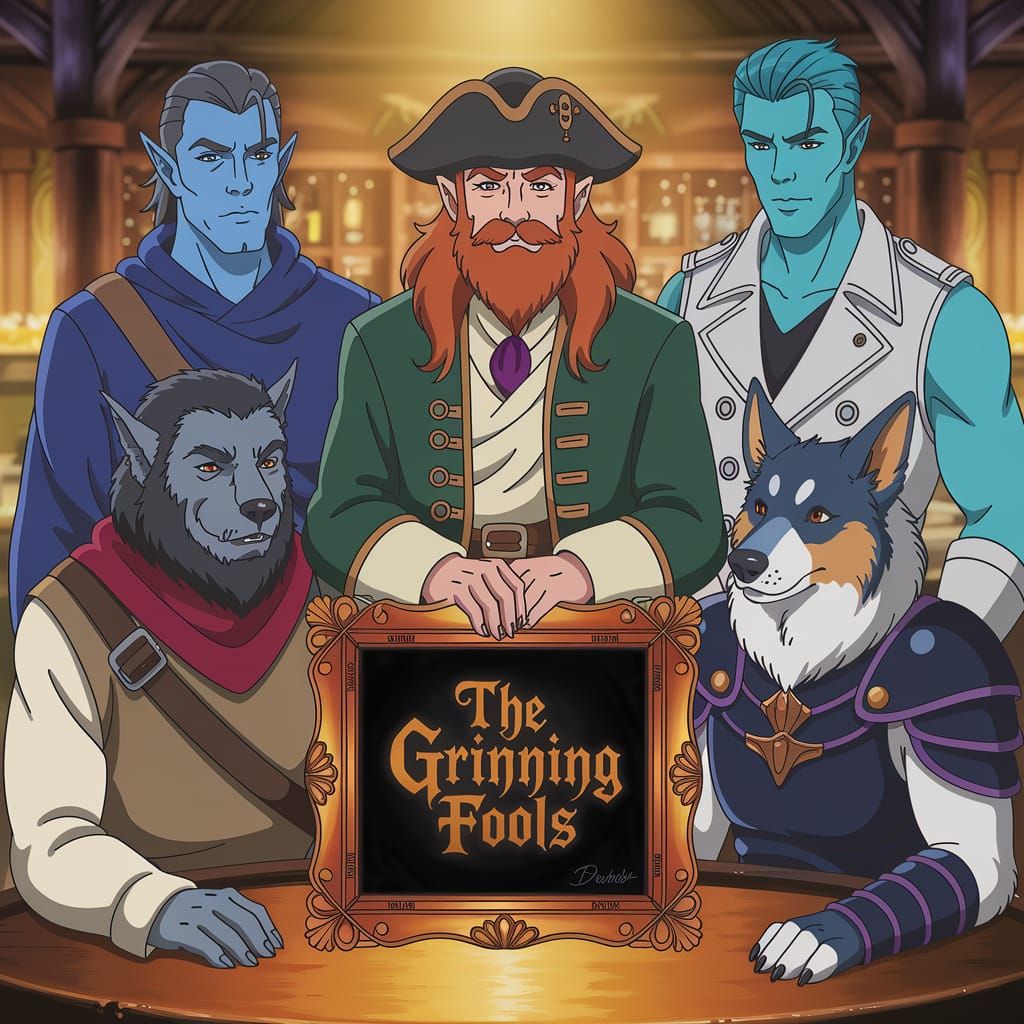 The Grinning Fools
Keith the Wizard (half-orc barbarian), Oli (dwarf bard) Skald Grimfang (half-orc/half-drow bard) Frist (wolfkin monk) Navi (canite shepherd rogue)