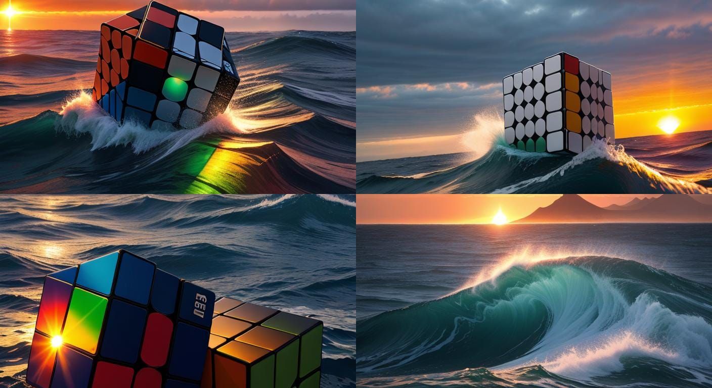 Rubix Cube tsunami wave in the sea.  refracting sunlight int...