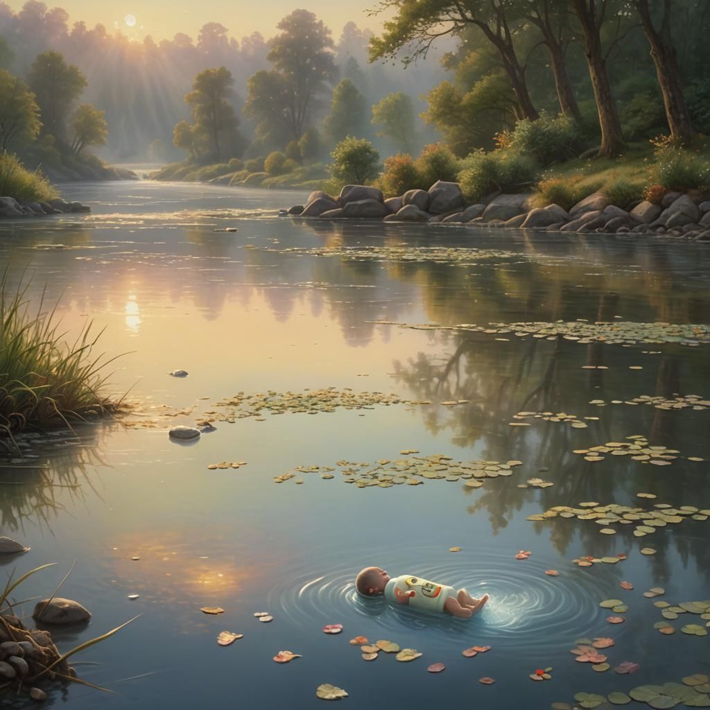 Baby in Bottle on River at Sunrise