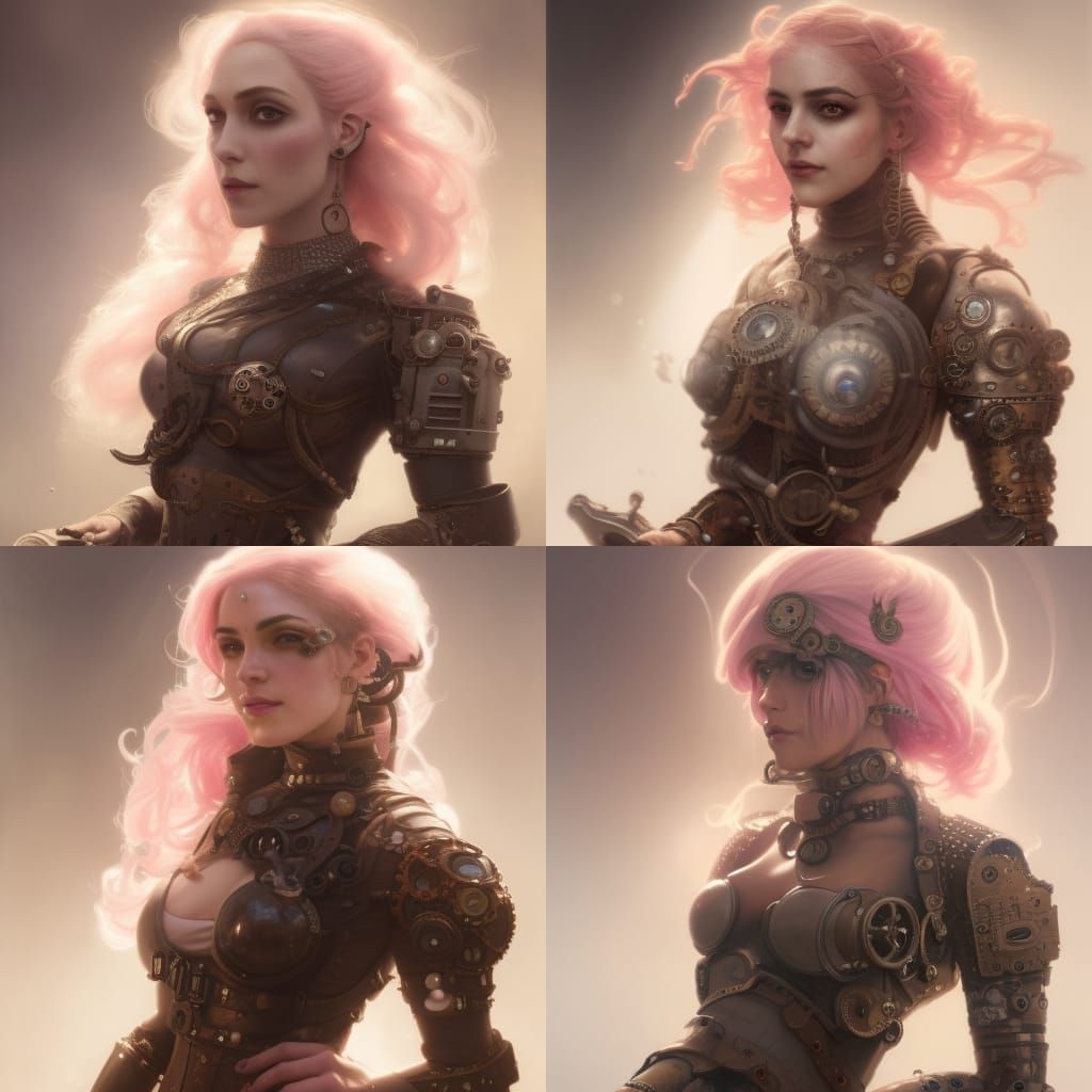 portrait of a middle-eastern steampunk woman, pale-pink hair...