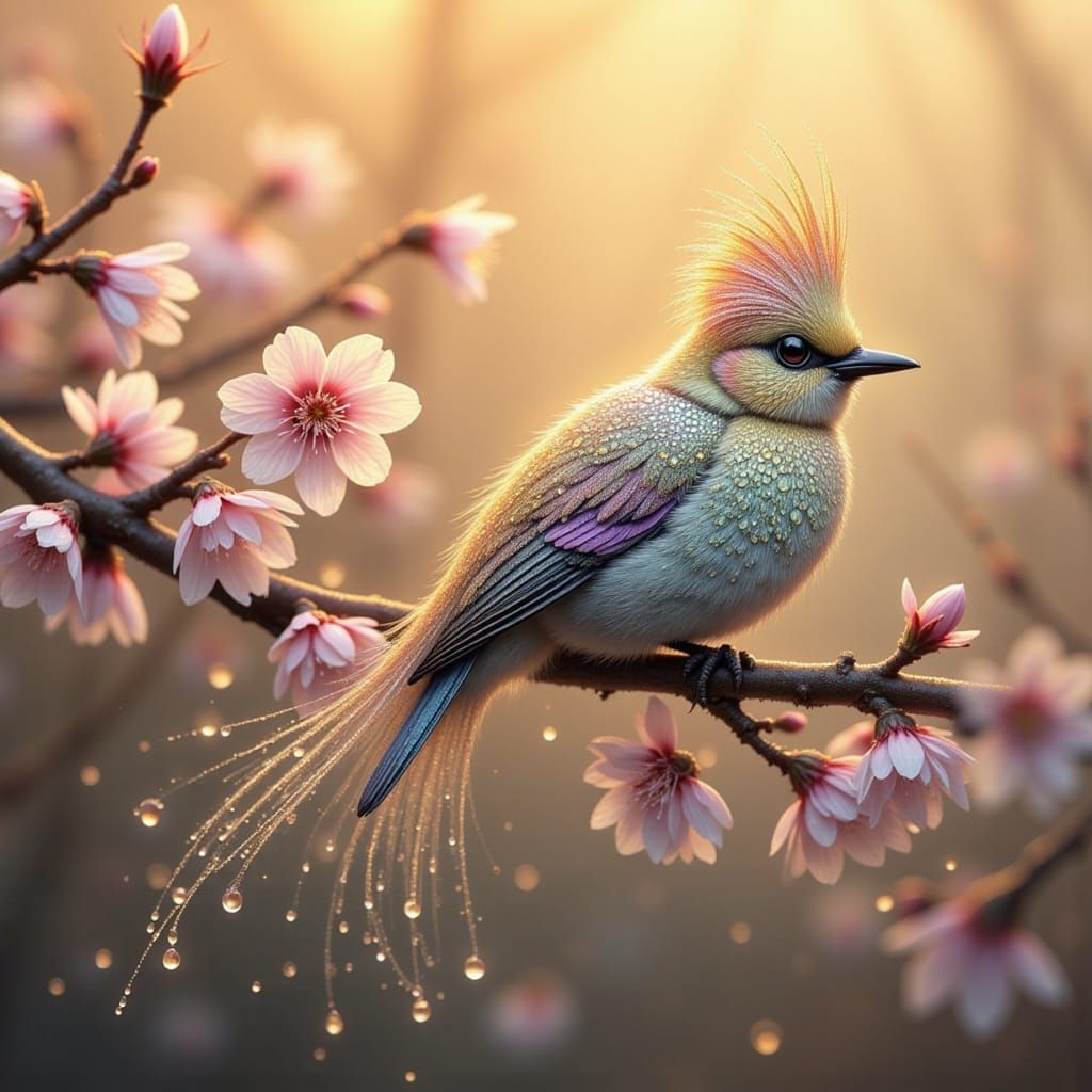 close up of a beautiful bird with detailed textured feathers covered in detailed dew drops, perched on a branch of cherry blossoms. soft, et...