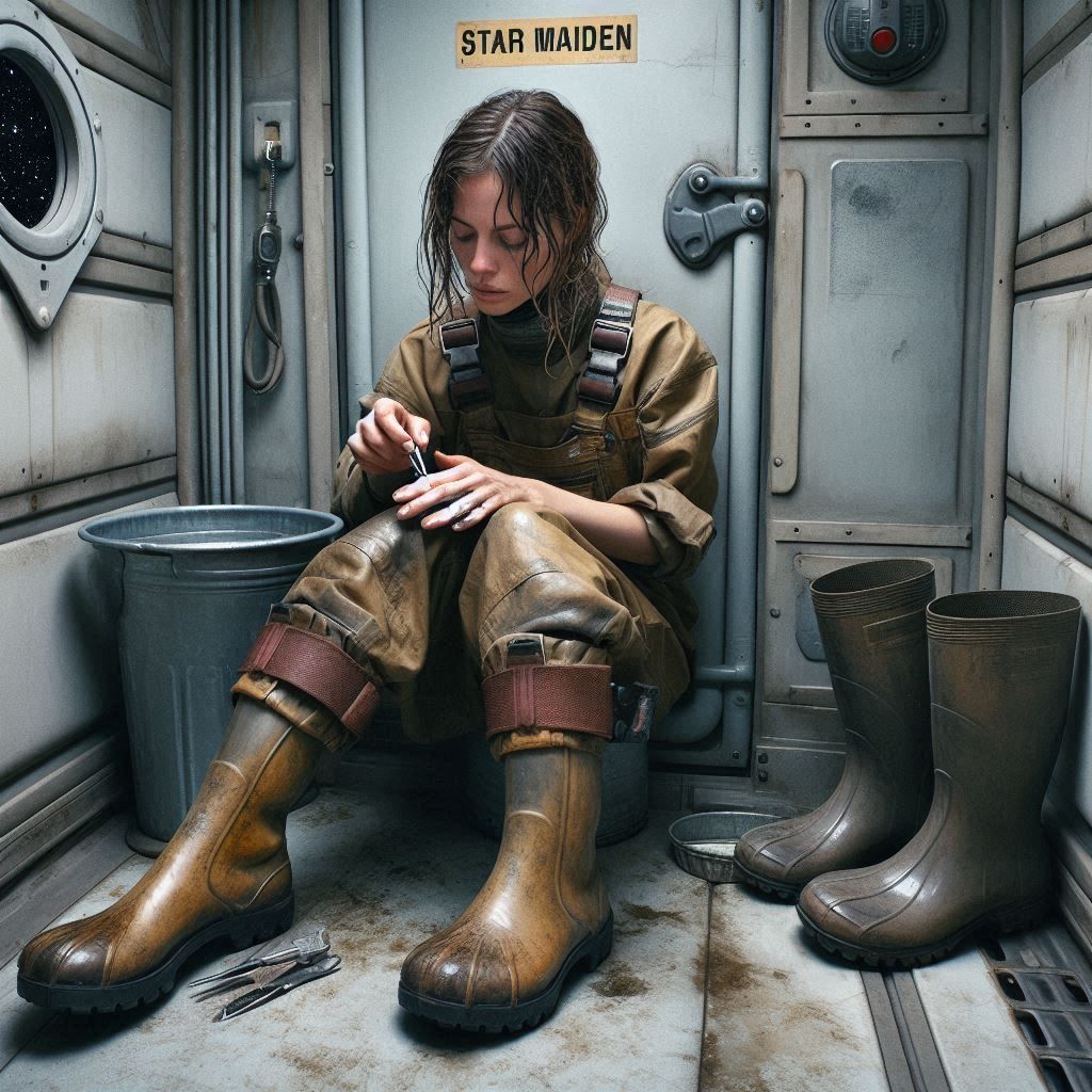 In the restroom of an old spacefreighter, a tired female worker is working on her hands