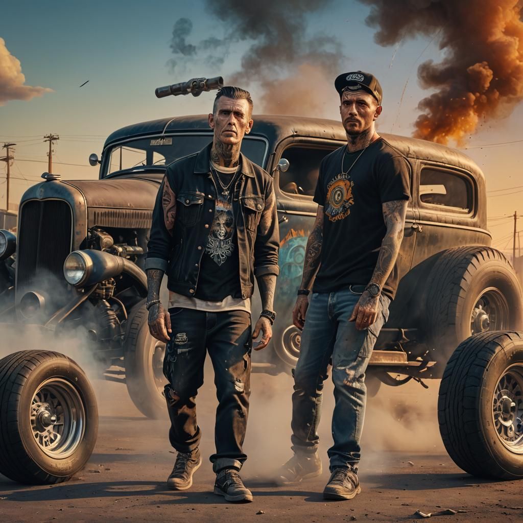 Rat rod smoke coming from tyres, dust blown up, dusk, tattoo...