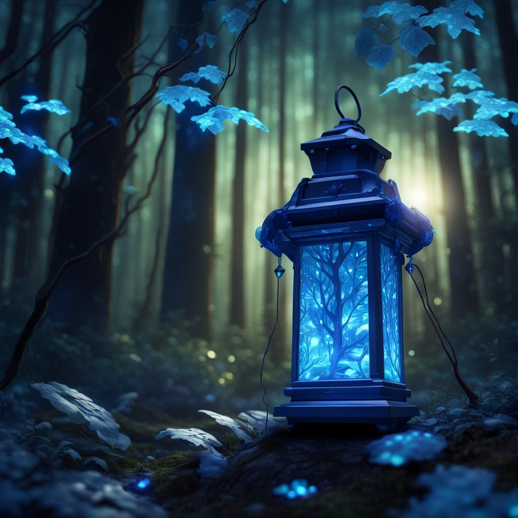 Glowing Blue Lantern in Enchanted Forest, 3D Art