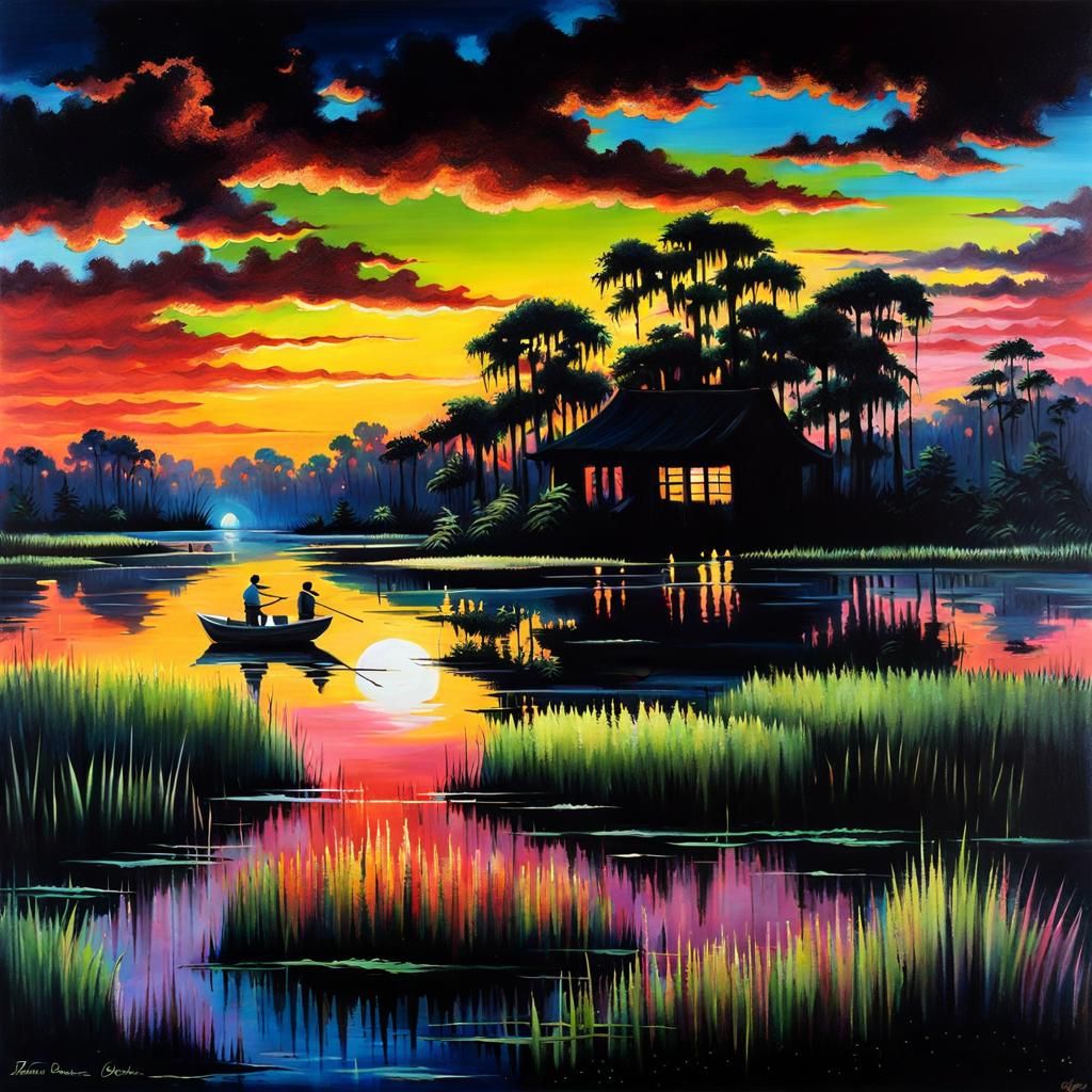 Louisiana swamp scene at night   by @Jes_InTime