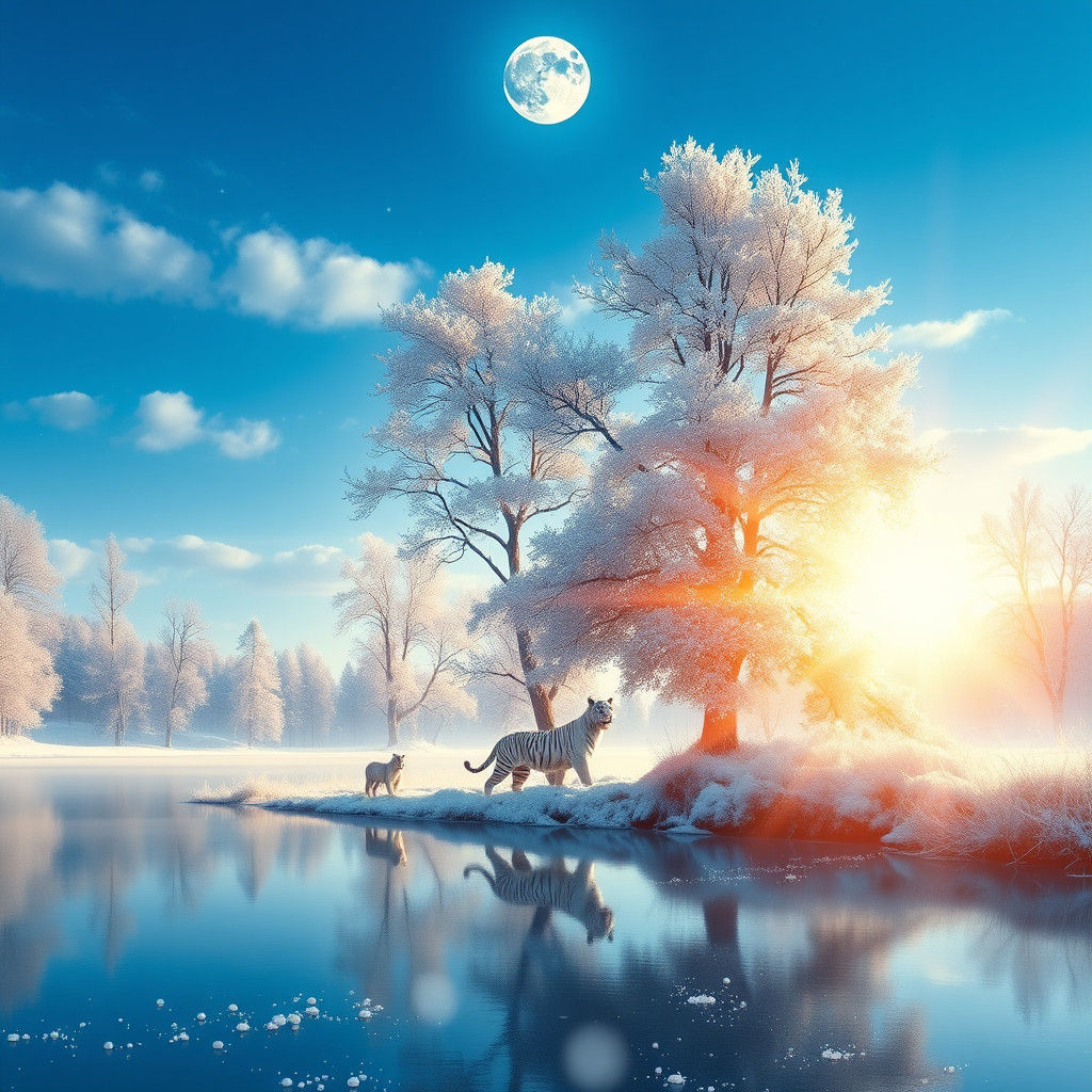 Beautiful blue sky full moon with tall trees and a lake it’s...