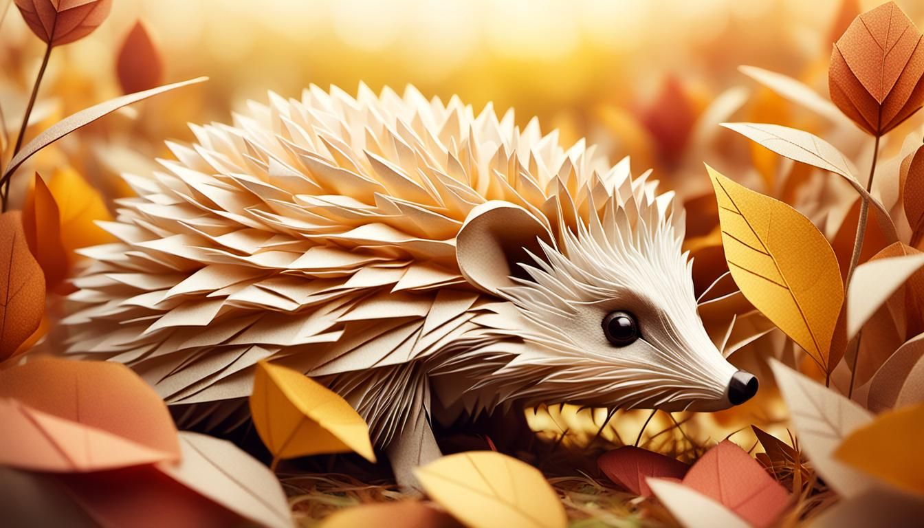 Hedgehog in Autumn Field, Papercraft Illustration