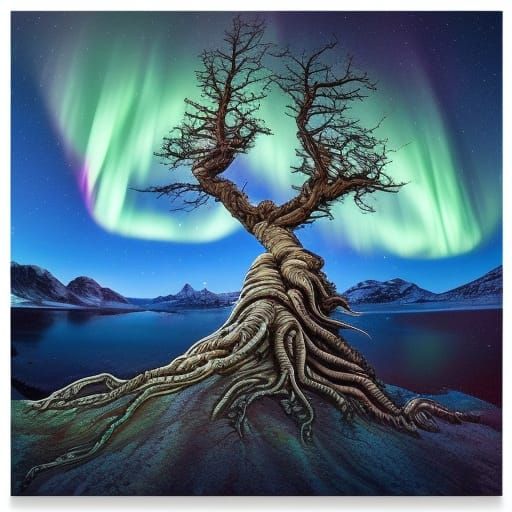 Detailed night sky with the northern lights far behind, and at the forefront and slightly to the right, ...  by @undefined