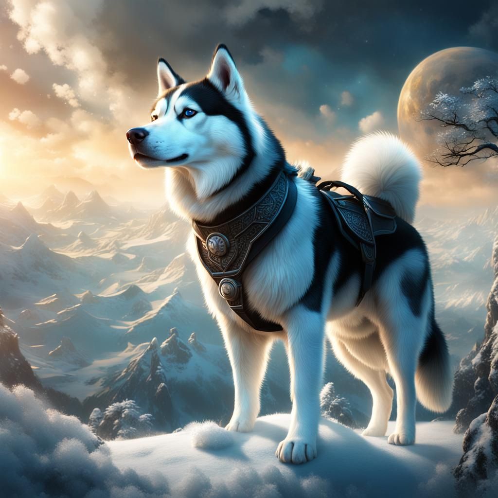 White and black husky in heaven