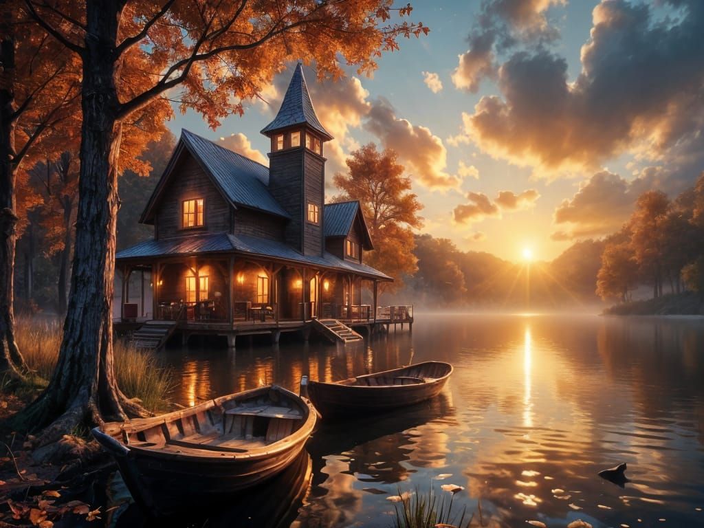 Peaceful Autumn Cottage by Misty Waterfront at Sunset