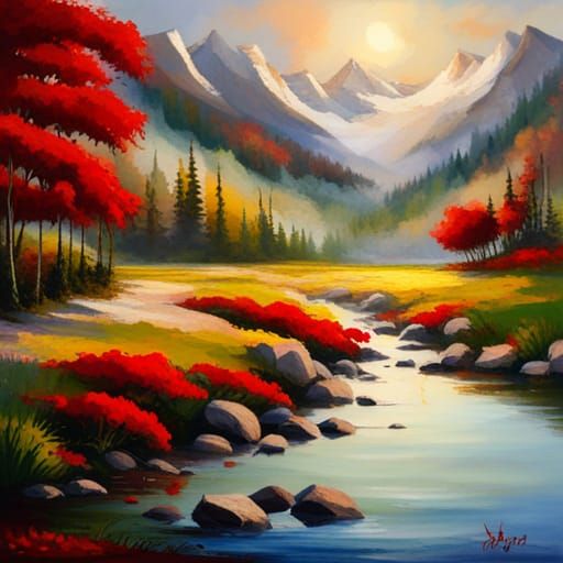 rianing red flowers landscape