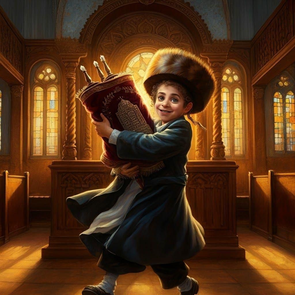 Smiling Jewish Boy Dances with Torah, Oil Painting Style