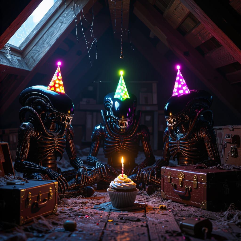 Photo quality,
In a dark attic,
Things that have been stored in the attic for years, covered in dust and cobwebs,
Old toys, trunks, Xenomorp...