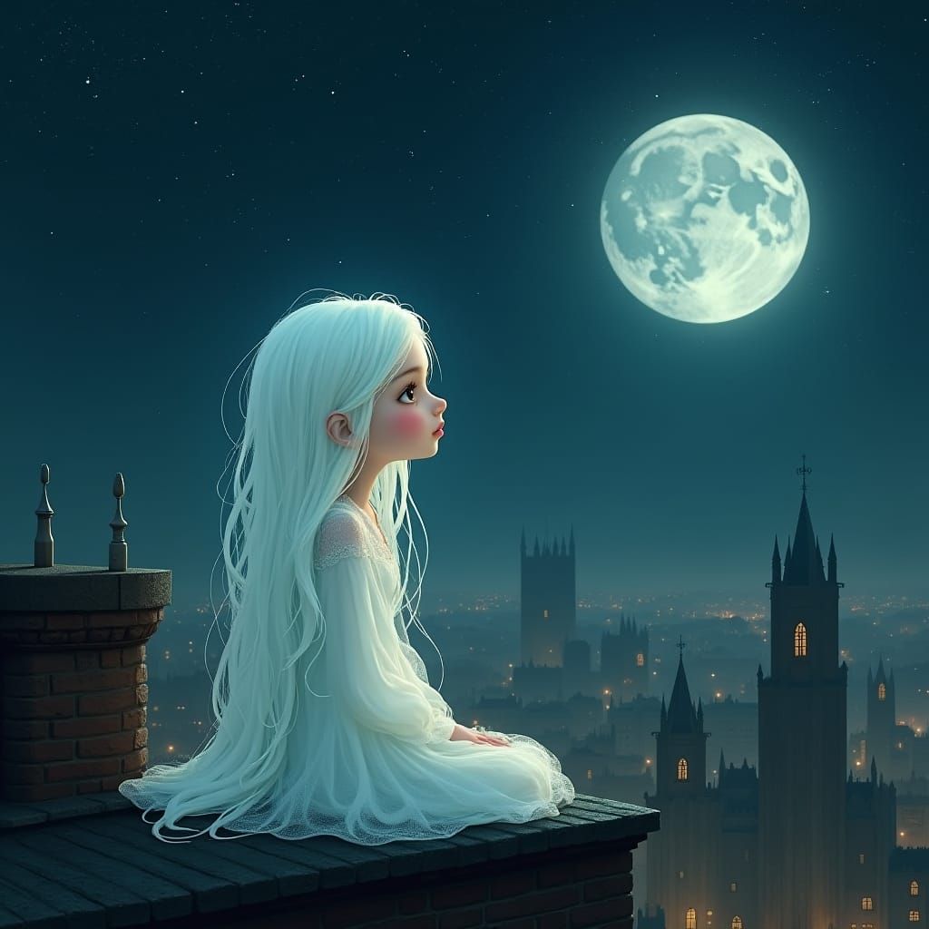 Adorable Little Glowing Transparent ghost <lora:Ghosties2:1.0> sat on a rooftop in the UK looking up at the moon.