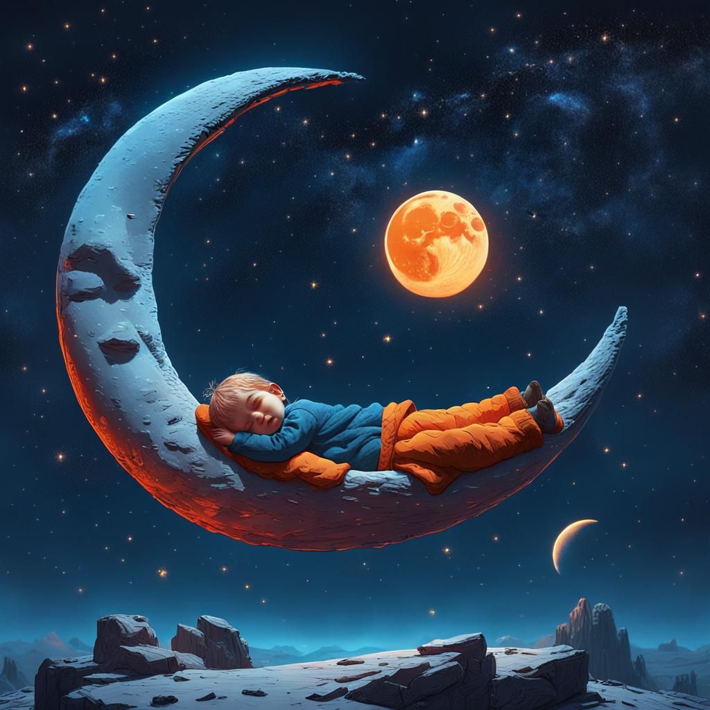 Child Sleeping on Moon in Space, Dreamlike Art