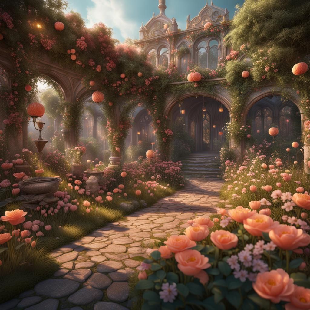 Bohemian garden with small peach-colored flowers
