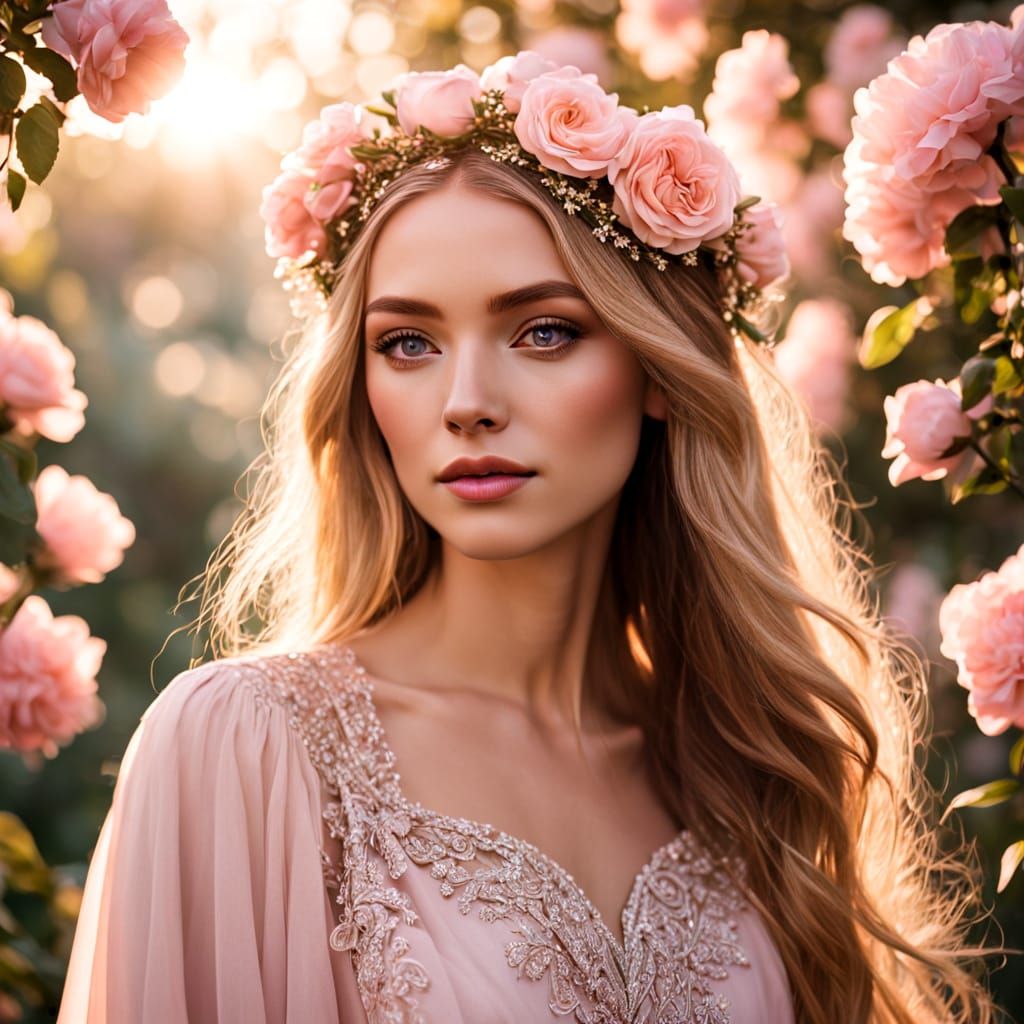 Elegant Woman in Pastel Dress, Serene Garden Portrait