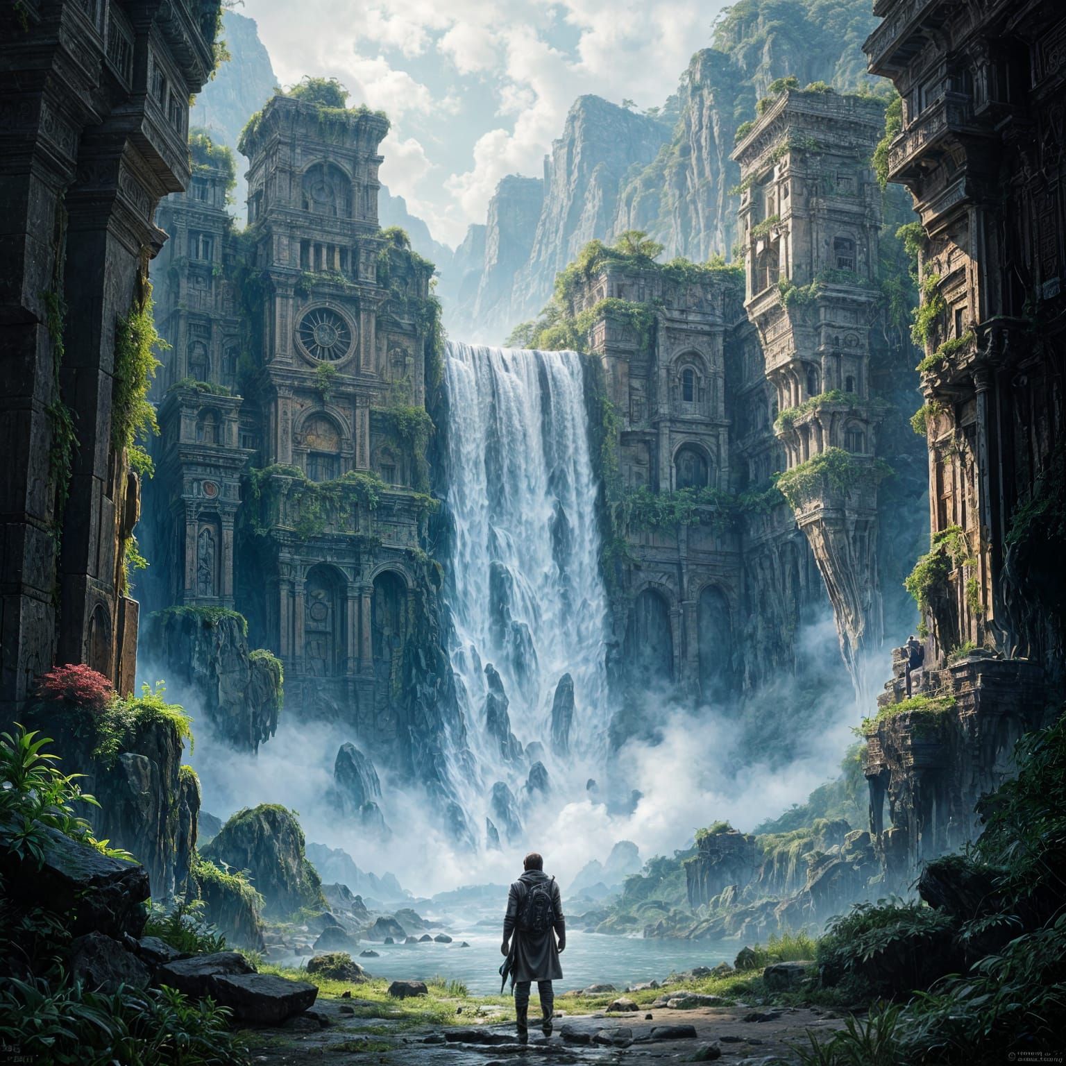 A lone explorer discovers a hidden waterfall cascading over the ruins of a cyclopean city, overgrown with vibrant, alien flora. Strange, geo...