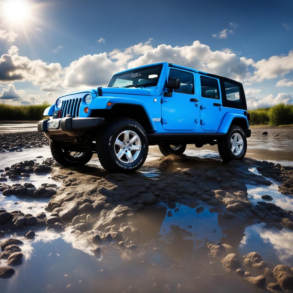 Blue Off-Road Vehicle in Mud Under Sunbeams