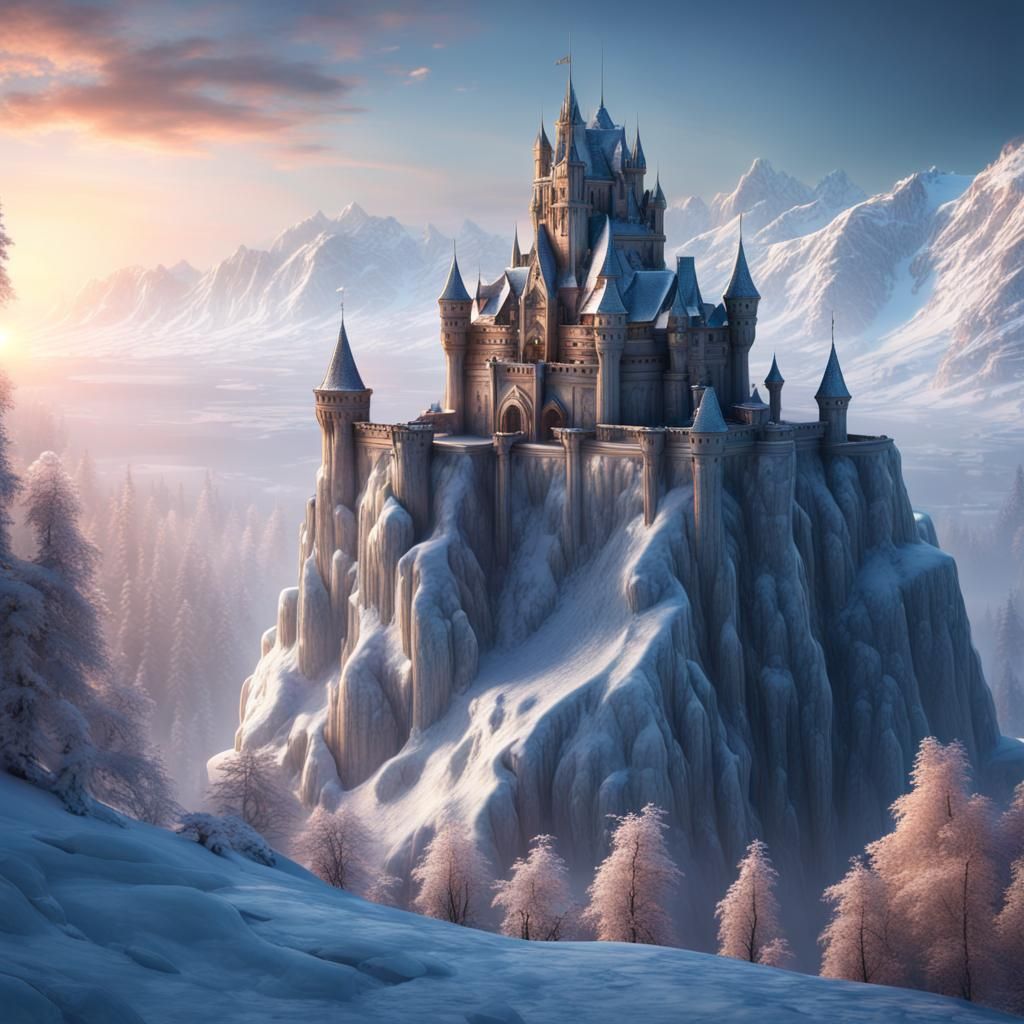 An elagant castle made of entirely of ice sitting high up in the mountains glistening in the sunrise ...  by @Kmichelle