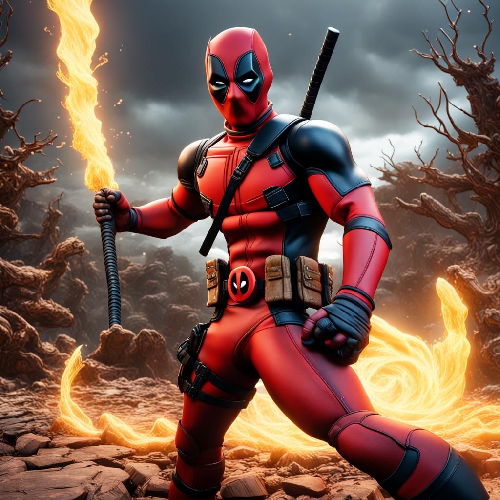 super sayan, deadpool, fighting detailed matte painting, deep color, fantastical, intricate detail, splash screen, compl...