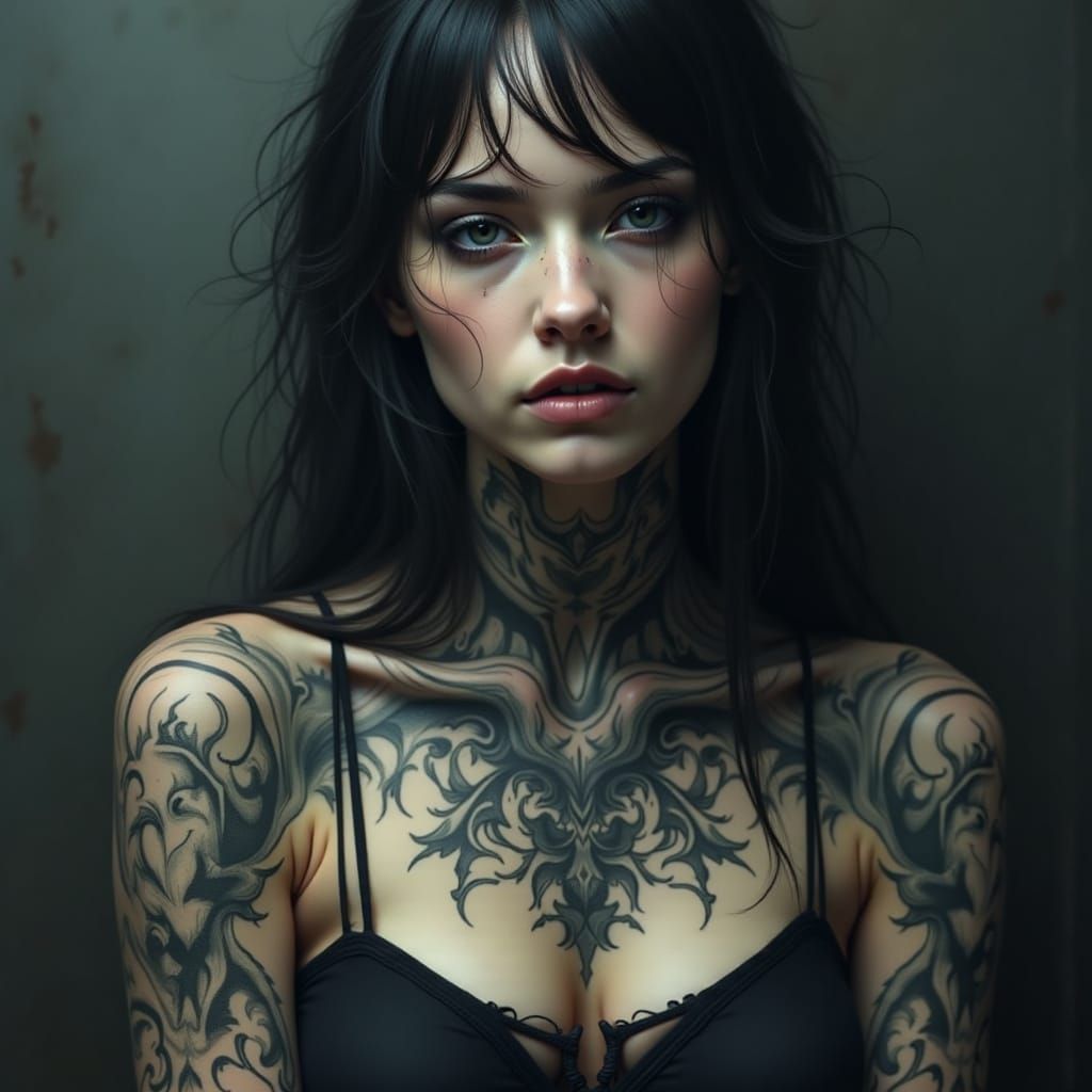 A haunting yet beautiful woman with spectral tattoos