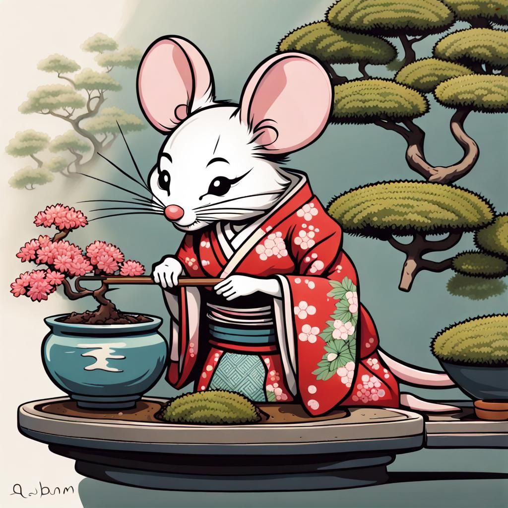 Anthropomorphic Geisha Mouse wearing  a kimono   tending to ...