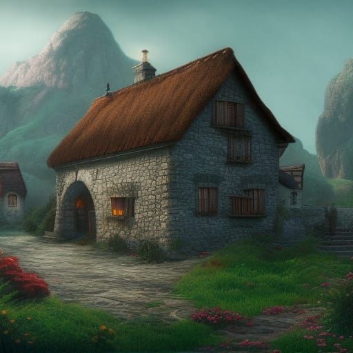 Old stone cottage detailed matte painting, deep color, fanta...