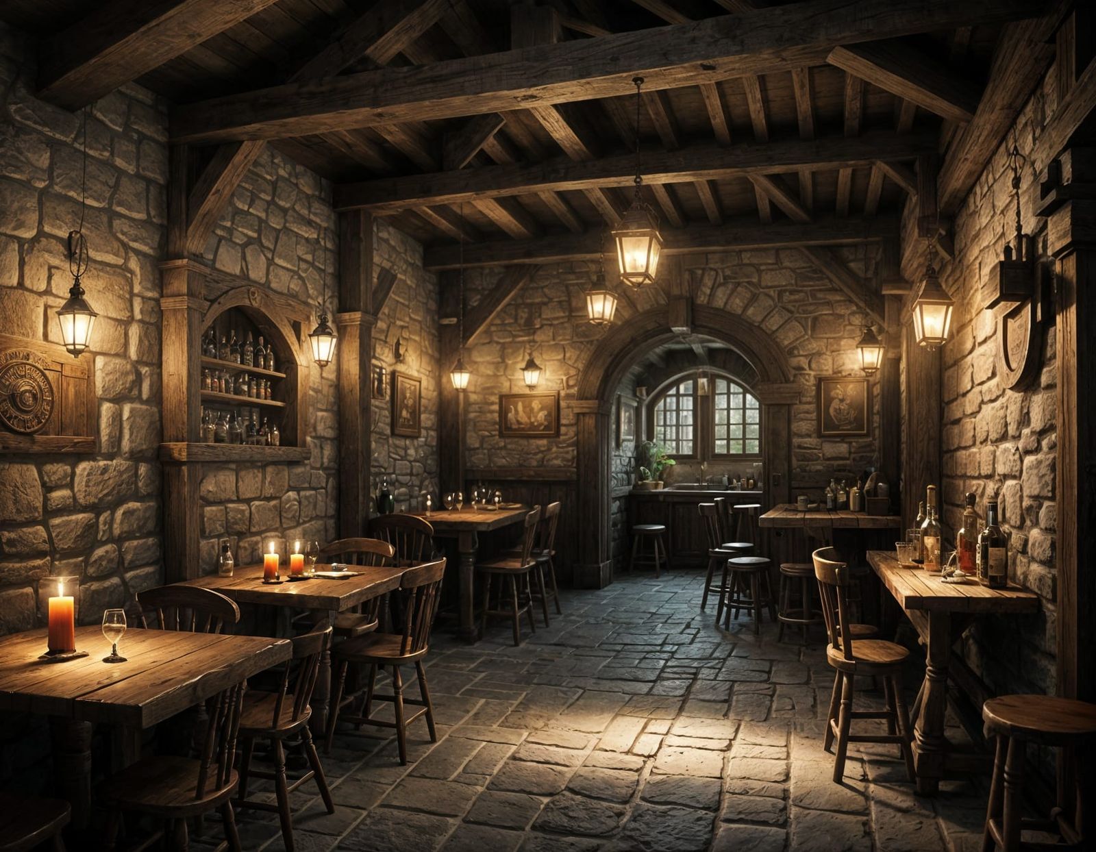 3D render. A bustling medieval tavern interior, filled with patrons enjoying drinks and conversation. ...  by @Ikre