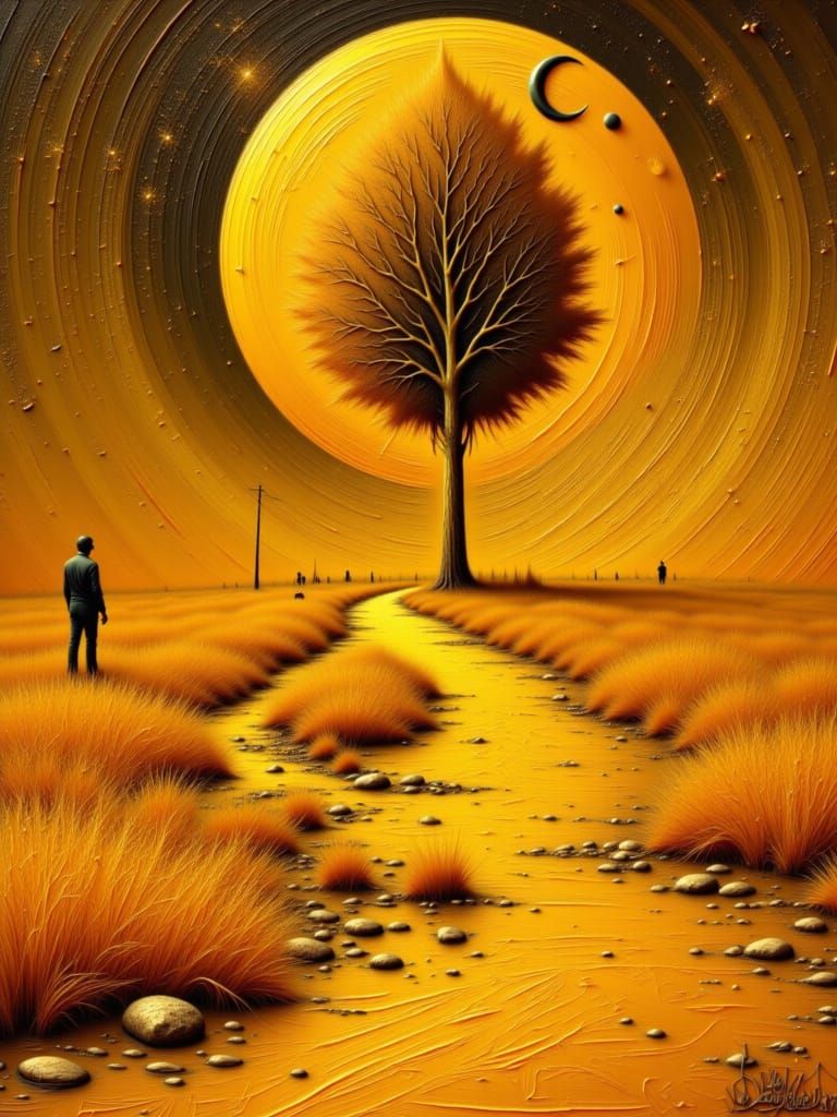 Surreal Telephone Pole at Road Junction in Encaustic Impasto