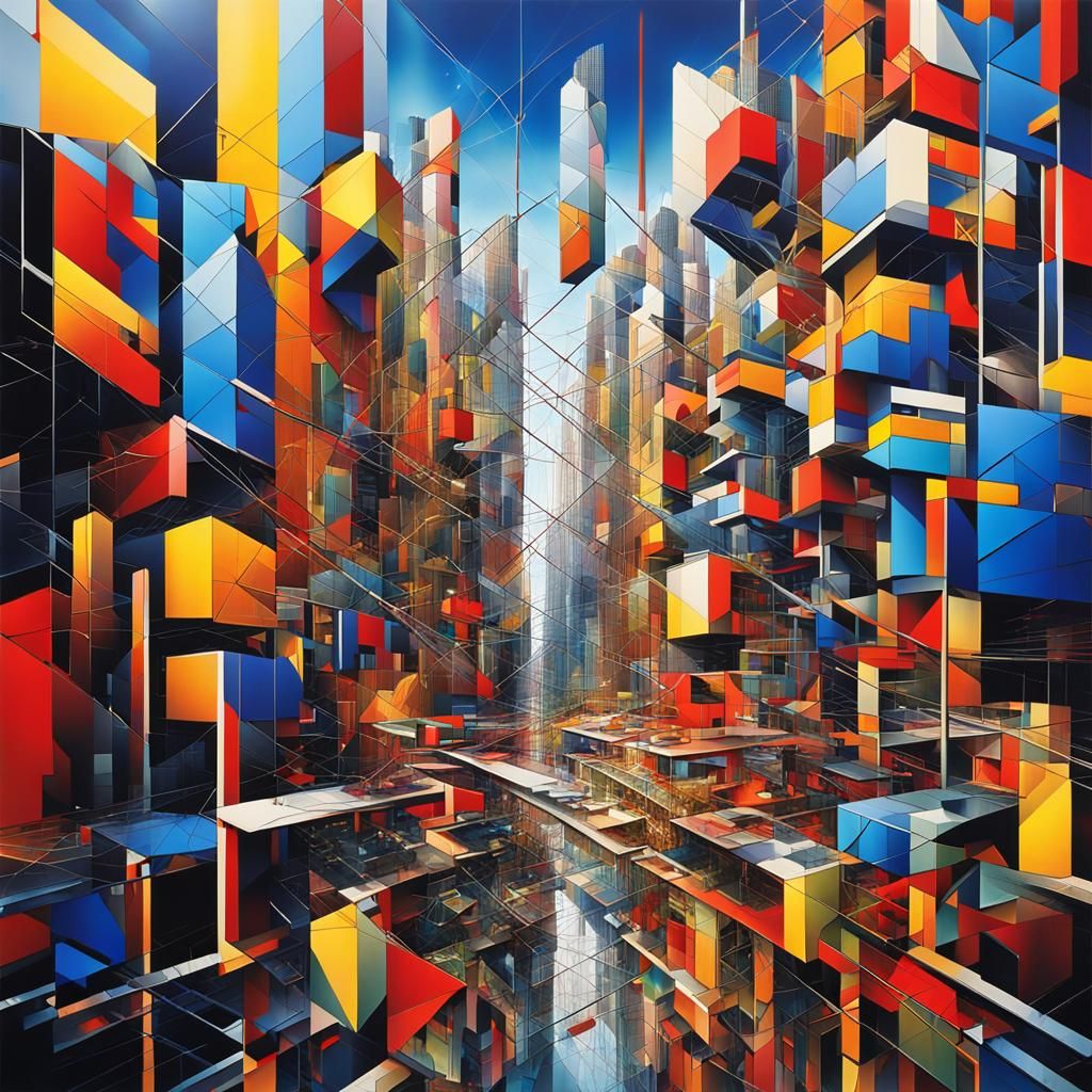 A colourful cityscape tall and small buildings Cubism by Piet Mondrian   by @HarrietM