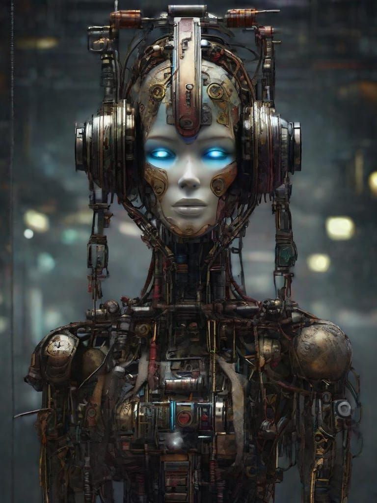 A highly detailed digital art masterpiece of a a stunning cyborg marionette, cyborg, steampunk, detailed, robotic, a textured oil painted ba...