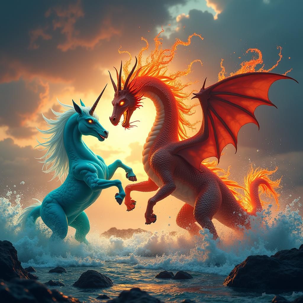 A dragon fighting with a unicorn