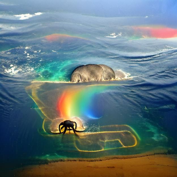 An elephant laying under a rainbow in the sea